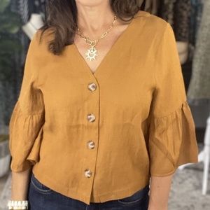COZY CO BELL SLEEVE BUTTON DOWN NATURAL BLOUSE (S-L)